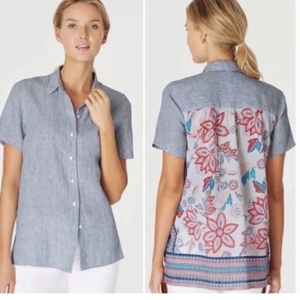J. Jill Linen Blue Striped Floral Back Button Down Top Size XL